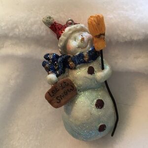 Glittery Snowman Ornament with Red Hat and Blue Scarf